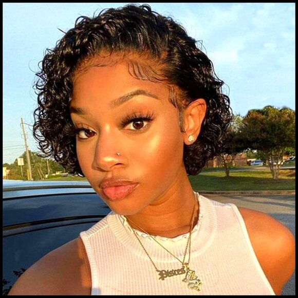 Short Bob Glueless Frontal Wig Human Hair Pre Plucked Deep Wave Lace Front